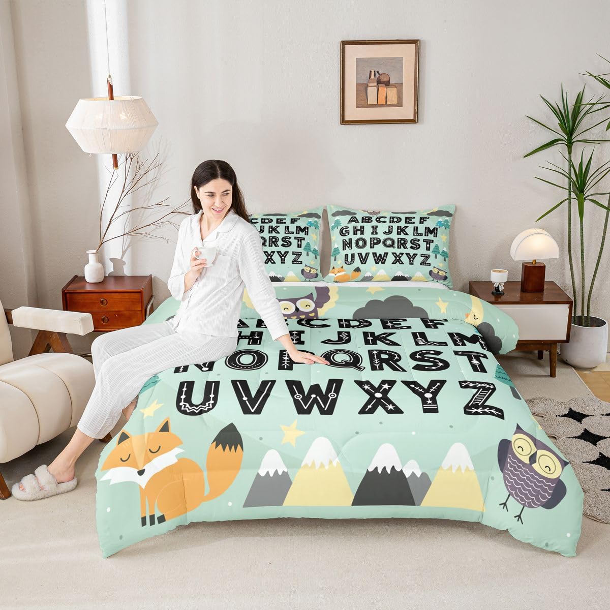 Feelyou Alphabet Kids ABC Learning Comforter Set All Season Cute Fox Bedding Set with 1 Pillow Cases Educational Nursery Art Kids Toddler Bedclothes Woodland Animals Bedroom Decor Duvet Quilt