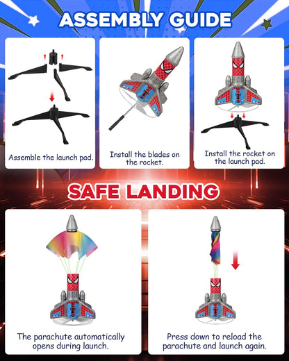 Fullware Rocket Launcher for Kids – 2nd Gen Upgraded Design, Electric Auto Launch, 200ft Flight with Safe Parachute, Outdoor Rocket Toy for Boys & Girls, Birthday Gift for Ages 6-13, Spider Pattern