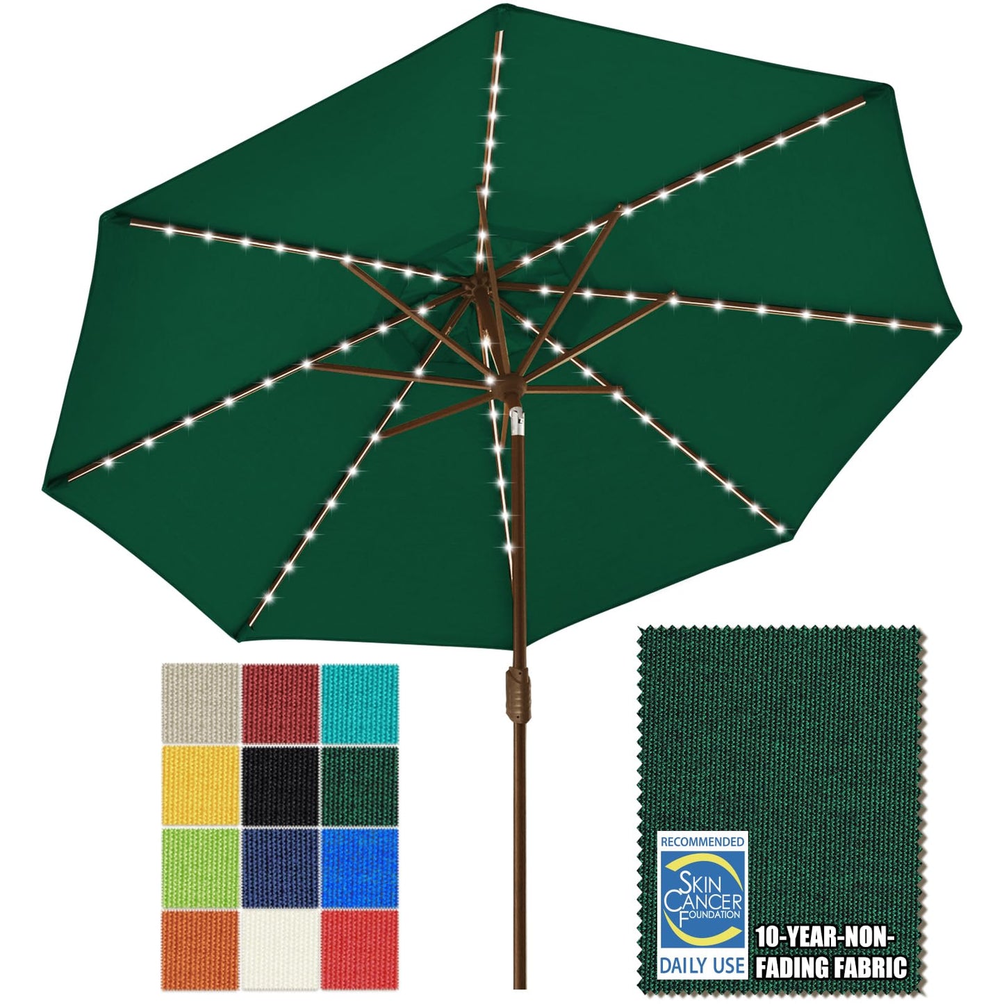 EliteShade USA 10-Year-Non-Fading 9ft Market Patio Umbrella, Commercial Grade Table Sun Umbrella with 80 Solar LED Lights, Crank Open, Windproof & UPF 50+ UV Protection for Garden, Deck, Pool, Backyard, Forest Green