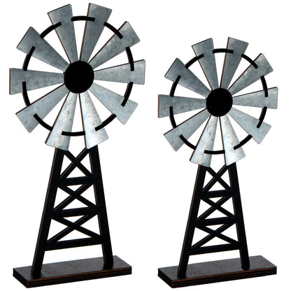 Yalikop Set of 2 Wooden Farmhouse Windmill Table Top Decor Wood Small Distressed Black Grey Rustic Windmill Themed Table Decor for Kitchen Garden Home