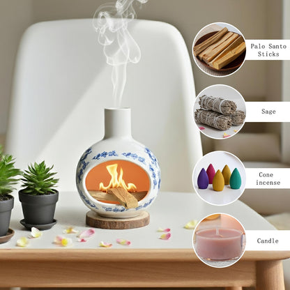 Youmtool Blue and White Porcelain Palo Santo Holder & Ceramic Incense Burner, Handcrafted Mini Chimney with Tree of Life 7 Chakra Stones Pendant, Ash Catcher for Sage & Cones, Yoga Meditation Gift Set