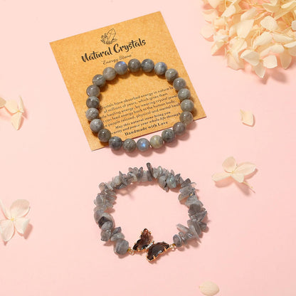 DUQGUHO 2Pcs Butterfly Bracelets for Women Grey Moonstone Bracelet Gift for Women Healing Crystal Bracelet Natural Gemstone Stretchable Jewelry 8mm Crystal Beaded Bracelet Gift for Birthday