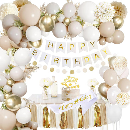 Upgraded Gold White Birthday Party Decorations for Girls Women Men with Happy Birthday Sash,Banner,Tissue Pompoms,Circle Dots Garland,Paper Tassels Garland, cake topper for Her Decor