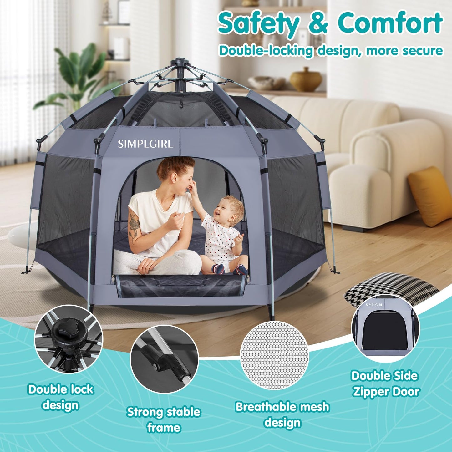 Premium Indoor and Outdoor Baby Playpen - Portable, Lightweight, Pop Up Pack and Play Toddler Play Yard w/Canopy and Travel Bag- Grey