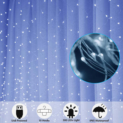 HOME LIGHTING Window Curtain String Lights, 300 LED 8 Lighting Modes Fairy Copper Light with Remote, USB Powered Waterproof for Christmas Bedroom Party Wedding Home Garden Wall Decorations, Cool White