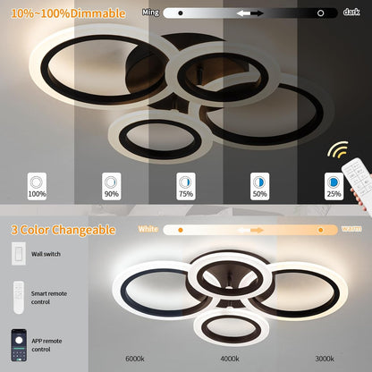 Shine LUEST 34W Modern LED Ceiling Light, 3000K-6000K Dimmable Ceiling Lighting Fixtures Ceiling Mount 4 Rings Black LED Chandelier Bedroom Lights Flush Mount with Remote for Kitchen, 2720LM