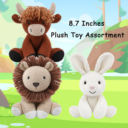 3Pcs Easter Stuffed Animals Toys for Girls 7-8 Inch Cute White Bunny Plush, Cuddly Highland Cattle Toy and Soft Crochet Lion Knitted Cotton Baby Plush Toy Gift for Kids and Newborns, Christmas