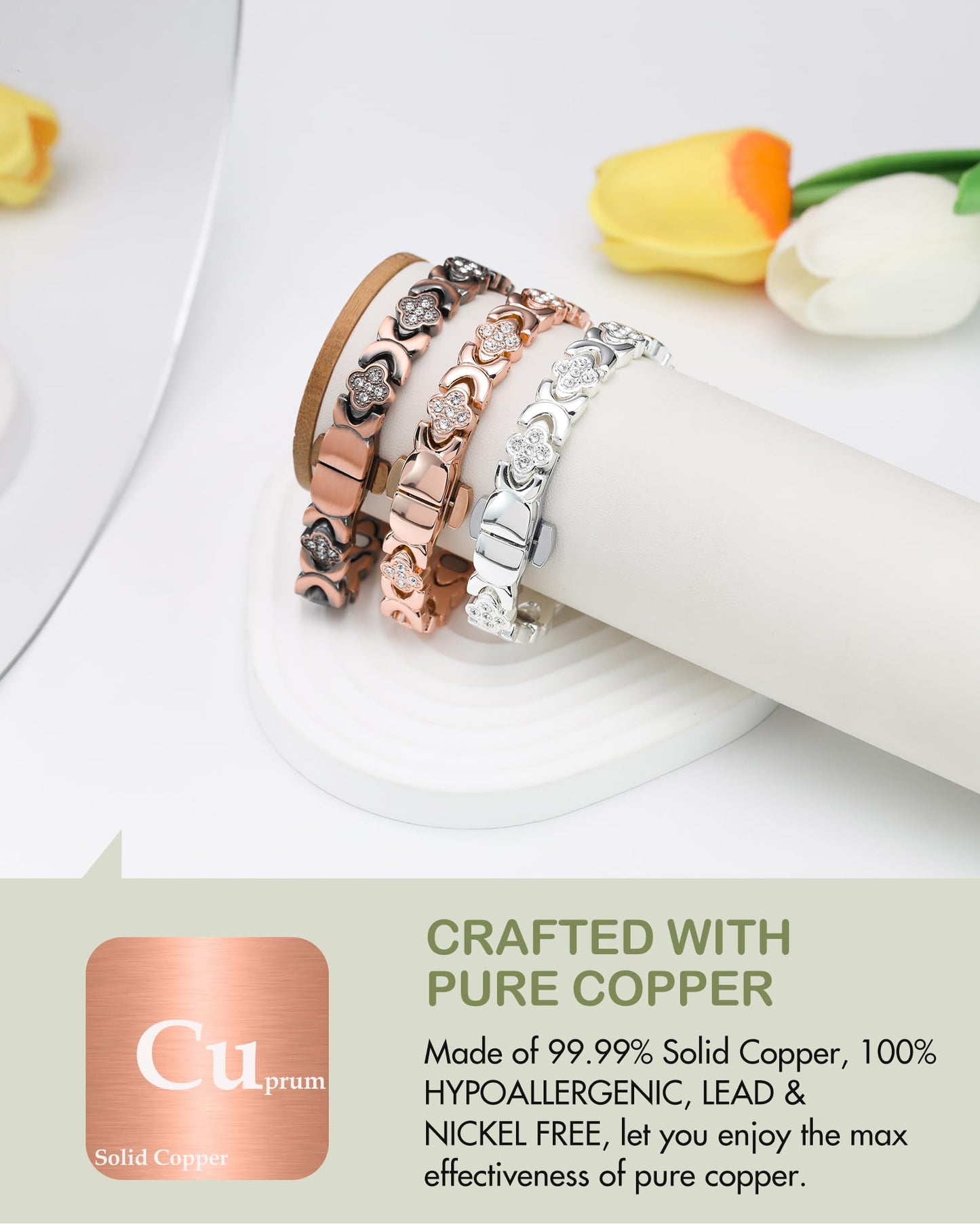 Feraco Pure Copper Bracelets for Women, 5X Ultra Strength Magnetic Bracelet with 5000 Gauss Magnets & Sparkling Cubic Zirconia, Upgraded Butterfly Clasp, Infinite Clover Jewelry Gift (Rose Gold)