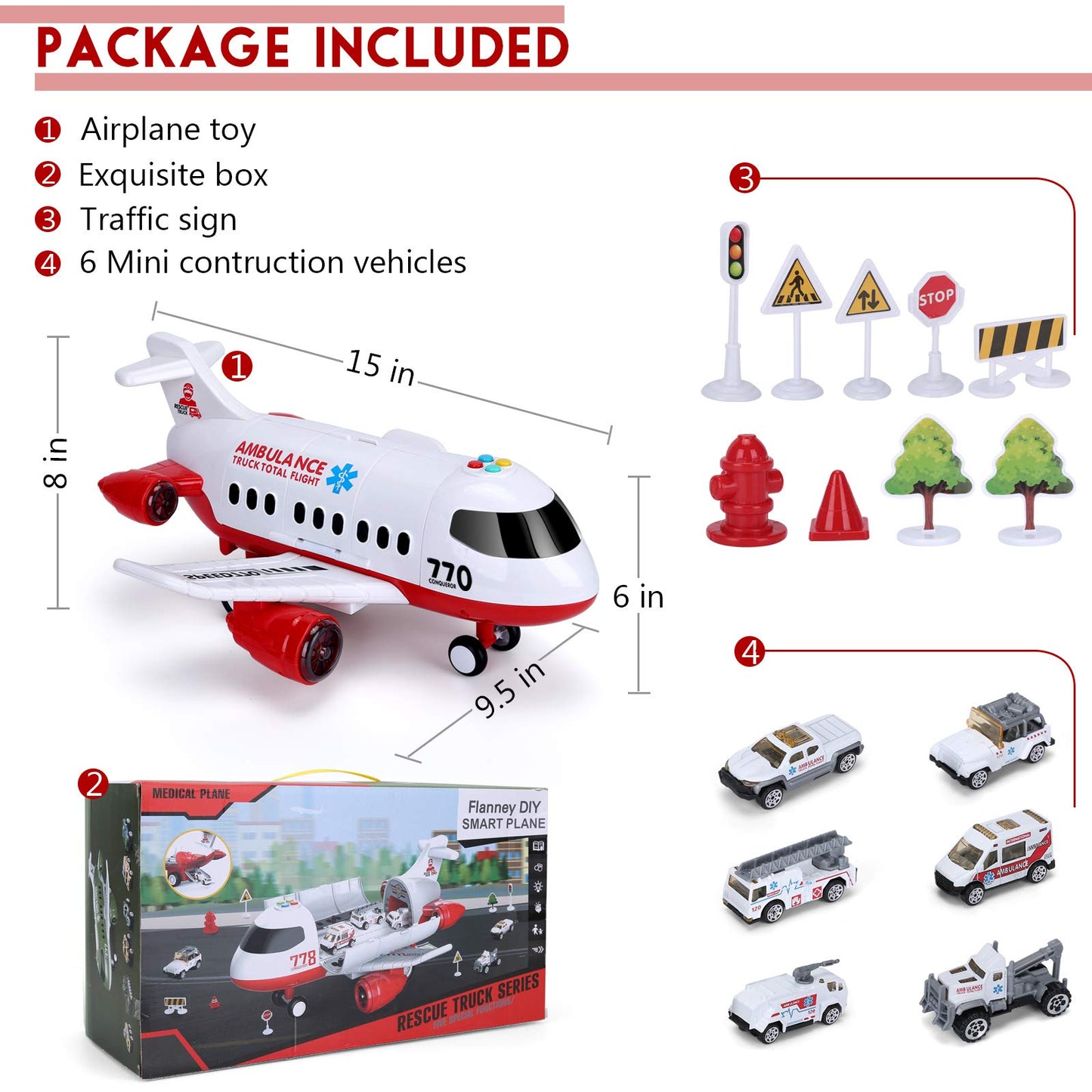 Acksonse Airplane Toy Kids Plane 15 Inches Large with Light and Sound for 3 4 5 6 7 Year Old Boys Girls Toddlers, Ambulance Aircraft Toy Vehicle Play Set with Traffic Signs and 6 Rescue Trucks