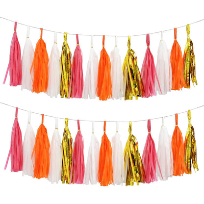AimtoHome Shiny Tassel Garland Tissue Paper Tassel Banner,Tassels Decorations for Summer Luau Flamingo Girl,Wedding,Pumpkin Birthday Party,Bridal/Baby Shower,Pack of 20 (Hot Pink/Orange/Gold/White)