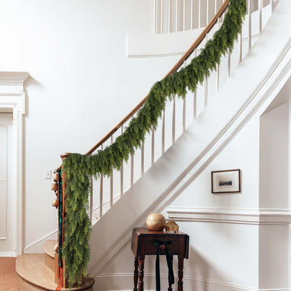 2 Pcs 9ft Christmas Cedar Garland with Soft Thickness Pine, Artificial Green Faux Cedar Pine Garland for Mantle Fireplace Indoor Outdoor Holiday Party Home Decoration