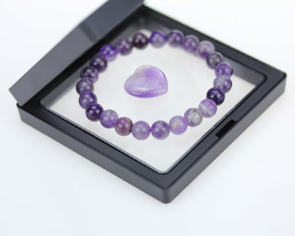 SAFEINA Amethyst Healing Crystal Stretch Bracelet for Women Men's Gifts, 8mm Stackable Beaded Bracelets with Heart Stones Set Stress Relief Yoga Reiki Gems Healing Crystals Inspirational
