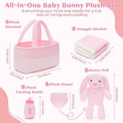 MaoGoLan 5pcs Baby Bunny Doll Set Bunny Plush Toys for Girls Kids, Pink Bunny Stuffed Animal with Doll Accessories (Bassinet/Diaper/Bottle/Blanket), Pretend Play Toys, Gift for Little Girls
