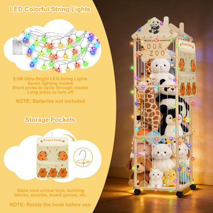 Stuffed Animal Storage, Extra Large Stuffed Animal Organizer with Wheels, Wooden Tall Animal Zoo Display Tower, Plushies Toy Holder with Lights and Pockets for Nursery, Playroom, Bedroom