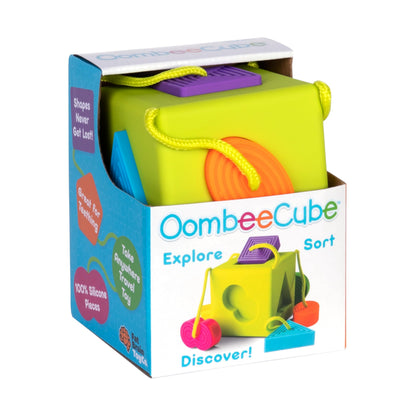 Fat Brain Toys OombeeCube, Toddler and Baby Toys 10 Months and Up, Travel-Friendly Shape Sorter with Tethered Shapes for Early Learning