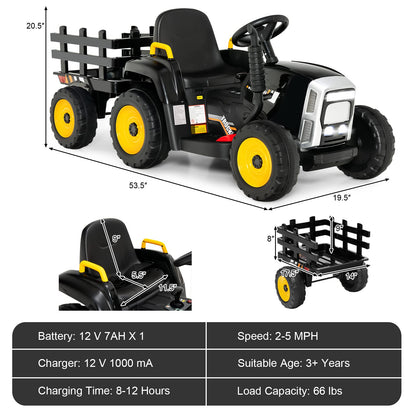 OLAKIDS 12V Kids Ride On Tractor, 2 in 1 Electric Vehicle with Remote Control, Detachable Trailer, Toddlers Battery Powered Driving Toy with 2 Speeds, Music, USB, Bluetooth, Lights (Black)