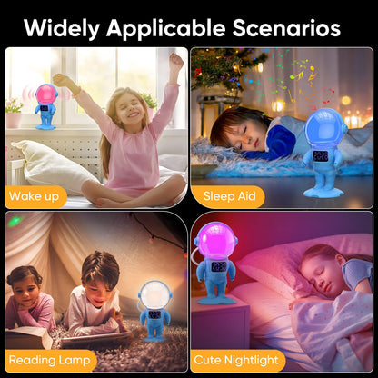 AFEXOA Astronaut Sunrise Alarm Clock for Kids, White Noise Sound Machine with 30 Soothing Sounds, 22 Dimmable Nightlights, Bluetooth Speaker, Dual Alarms, Wake Up Light for Bedroom(Blue)