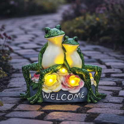 Solar Frog Garden Statues Outdoor Decor - 5.5" Resin Frog Figurine with Welcome Sign, Waterproof Yard Art Ornament for Patio Lawn Porch, Unique Housewarming Birthday Gifts for Women Mom Grandma