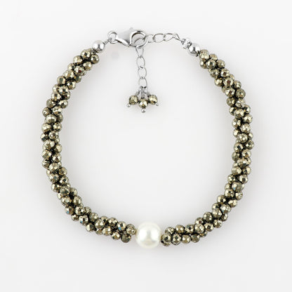 CRYSTALIS Natural Pyrite Beads Twisted Rope Bracelet with Elegant Pearl, High Grade Gemstones, Chakra Healing Stones, Gift Giving Womens Jewelry, 925 Sterling Silver Bracelet 8 inch
