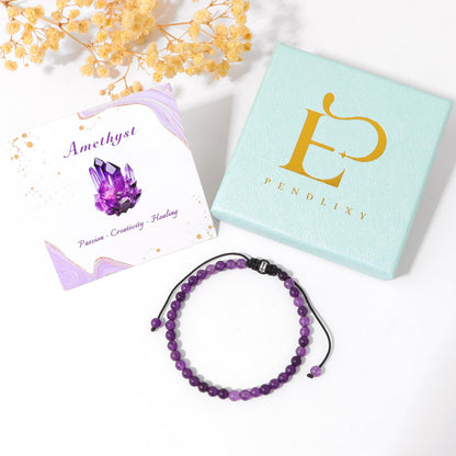 Pendlixy 4MM Beaded Bracelet Handmade Adjustable Natural Amethyst Stone Crystal Bracelet Amethyst Healing Inspirational Gifts for Women Men