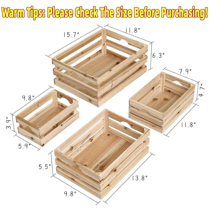 UPPER DECOR Large Wooden Crates Unfinished Set of 4 Decorative Storage Box with Handles, Rustic Farmhouse Wooden Crates for Display, Living Room Container Basket Box for Kitchen, Pantry, Bedroom