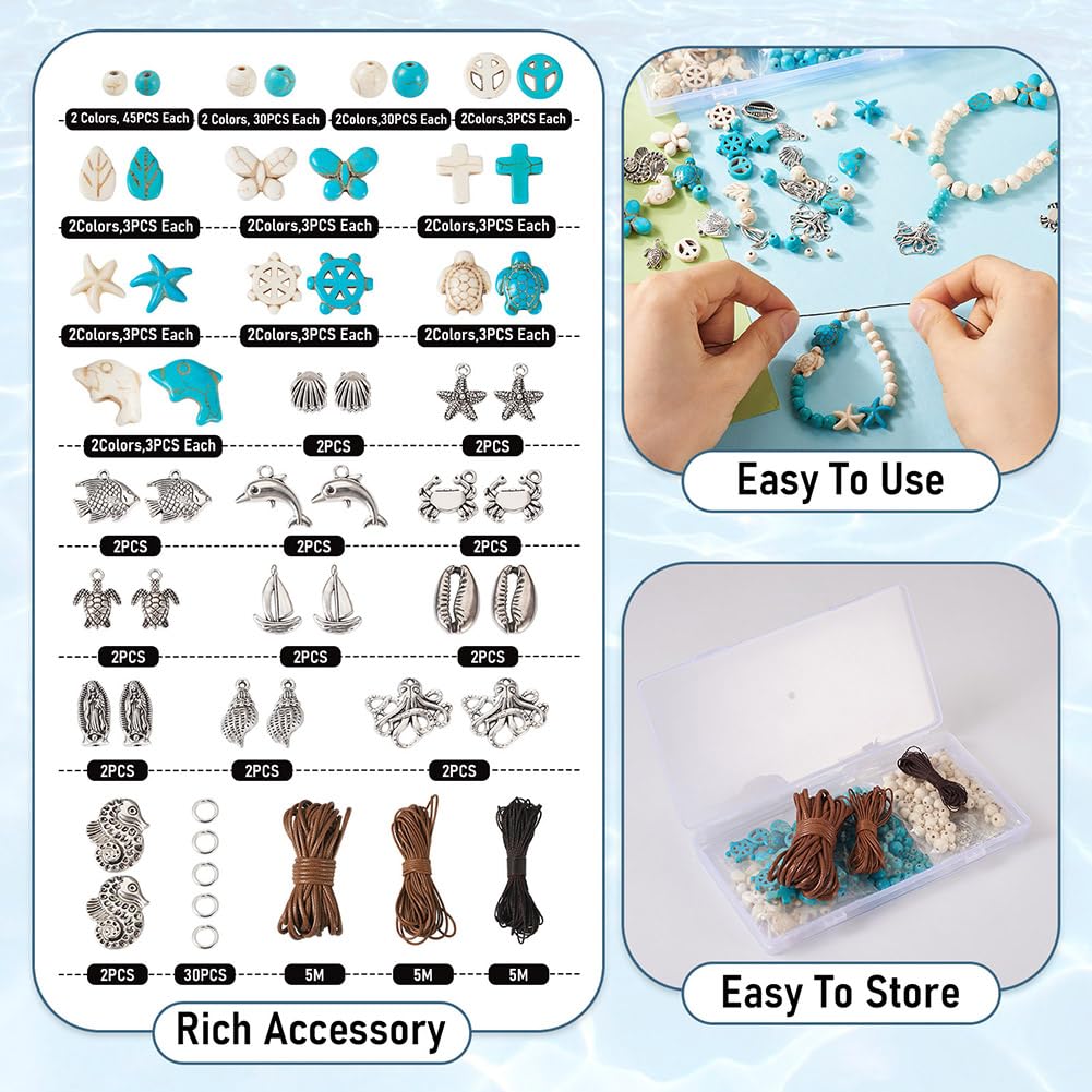 FASHEWELRY 315pcs Turquoise Bead Bracelet Making Kit 4mm/6mm/8mm Round Turquoise Gemstone Beads Ocean Theme for Necklace Earrig DIY Jewelry Making