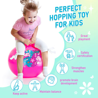 U&C Planet Hopper Ball 20 inches Bouncy Ball with Handle for Kids Age 5 6 7 8 9, Sit on Bounce Jumping Hopping Toy with Pump, Great Toddler Girls Toys for Birthday Gifts, Pink Unicorn