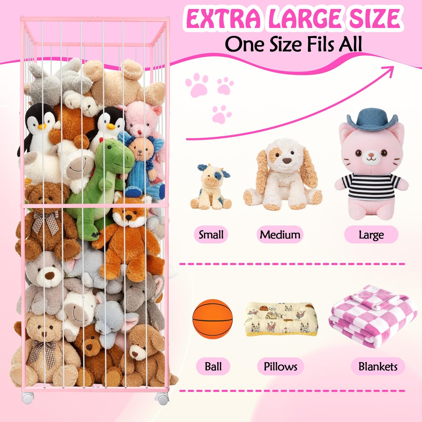 BETBEM Stuffed Animal Storage, Metal Tube Extra Large Toy Storage Organizer with Brake Wheels, Stuffed Animal Holder Zoo Organizer for Nursery Playroom Kids Room Pink(61” x 23.6”x 16.5”)