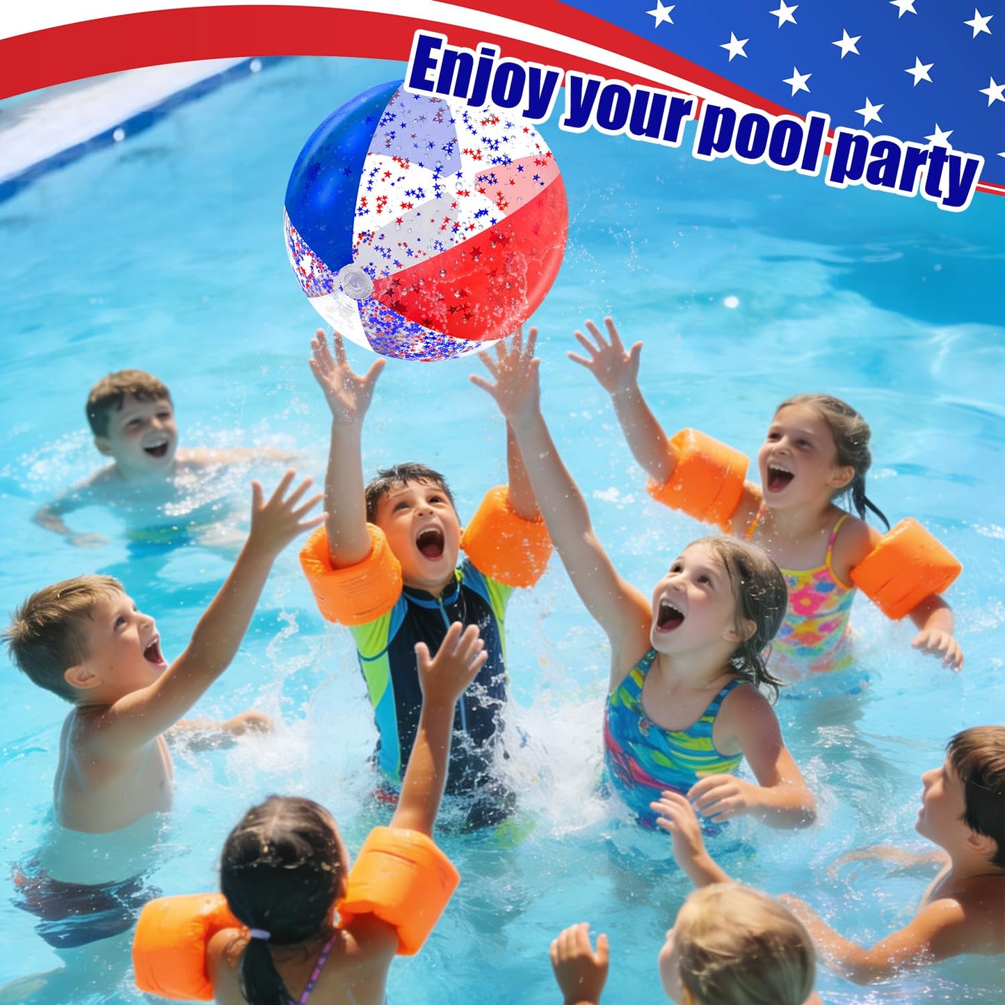 12 Pack 16" Inflatable Patriotic Beach Balls,4th of July Red White and Blue Stars Glitters Beach Ball Bulk,250th Anniversary Pool Toys for Kids & Adults Summer Swimming Pool Beach Party Game Water Toy