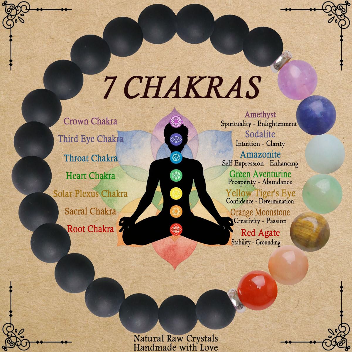 ZaisuiFun 7 Chakra Bracelet for Women, Healing Stones for Anxiety Relief, Spiritual Crystal Energy Bracelet for Meditation, Relaxation Positive Vibes,Black,M