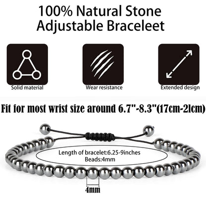 QOGIR Handmade Healing Bracelets,4mm Natural Hematite Gem Stone Beads Bracelet,for Men Women Gifts with 2PCS Size Adjustable Rope Bracelets