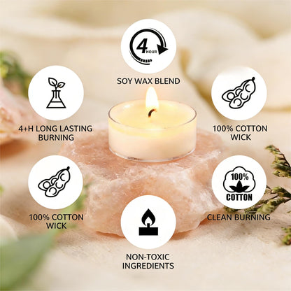 Soy Wax Tealight Candles 25Packs, 4 Hour Long Burning, Unscented White Smokeless Candles, Non-Toxic Paraffin-Free Clear Acrylic Cup Tea Lights for Weddings, Home, Emergencies & Dinner