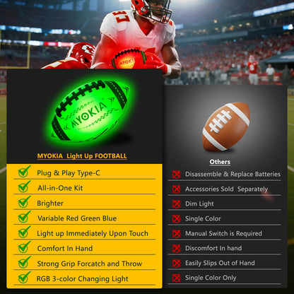 MYOKIA RGB Waterproof Rechargeable Light Up Football Birthday Gift, Glow in The Dark Football with Pump & USB Cable, Tri-Color (Red, Green, Blue), Size 6, Outdoor Night Games