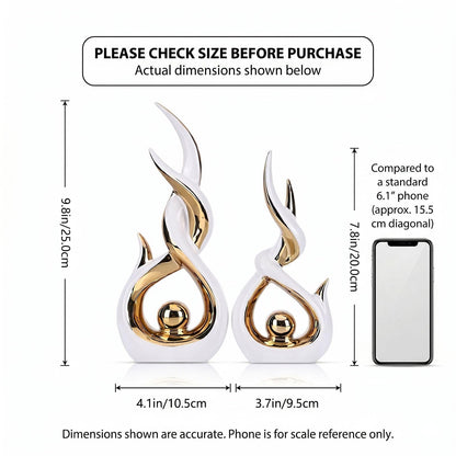 LCCCK White and Gold Abstract Ceramic Sculpture Set of 2 Modern Electroplated Figurines Decorative Statues for Living Room Shelf Mantel Tabletop Home Decor Housewarming Gift