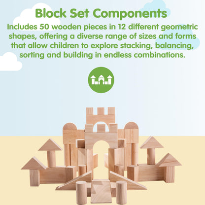 PlanToys Wooden 50 Piece Unit Block (35 mm) Building Set (5502) | Sustainably Made from Rubberwood and Non-Toxic Paints and Dyes | PlanNatural Classic Wooden Toy Collection