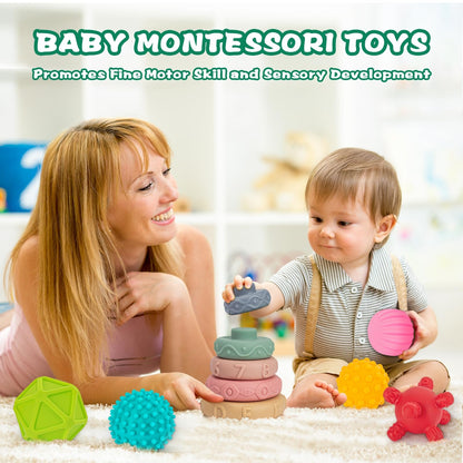 SpringFlower 3 in 1 Montessori Toys for Babies 0-3-6-12 Months, Soft Baby Teething, Stacking Building Blocks for Infants, Sensory Developmental Education Toys for Toddler Baby 12-18 Months,22 PCS