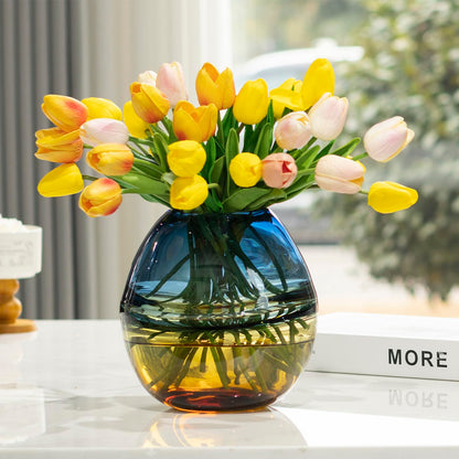 Glass Handmade Decorative Vase Ombre Centerpiece Vase with Yellow Base, Flower Vase for Home Decoration (Low vase)