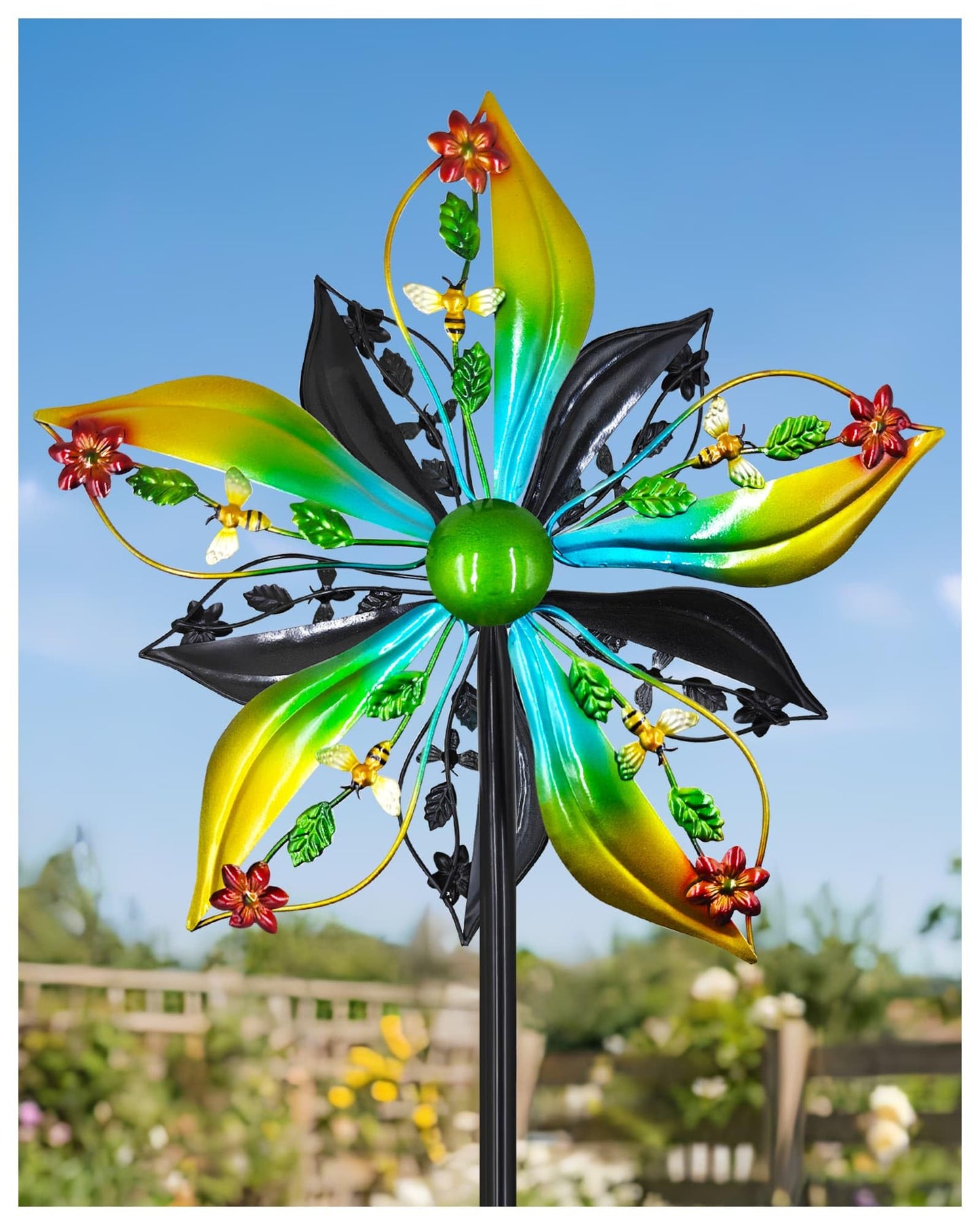 Gronhof Wind Spinners Outdoor,Kinetic Wind Sculptures & Spinners, 57" Double-Side Metal Wind Spinner for Yard and Garden, Lawn Art Decorations Flower & Bee