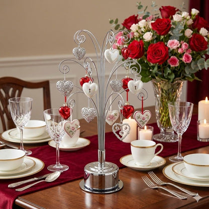 HOHIYA Ornament Display Stand 360° Rotating Christmas Tree Display with 15 Metal Hooks Tabletop Ornament Hanger for Crystal Glass Baubles Elegant Chrome Silver Eater Decor