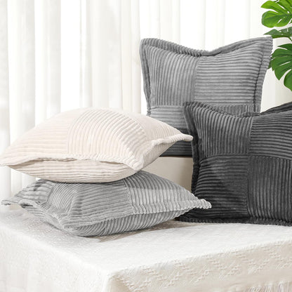Lewondr Corduroy Throw Pillow Covers 18×18 Inch, 4 Pack Soft Square Throw Pillow Cases, Decorative Boho Striped Couch Pillow Covers for Living Room Bedroom Sofa Bed Office Cushion Cover, Gray