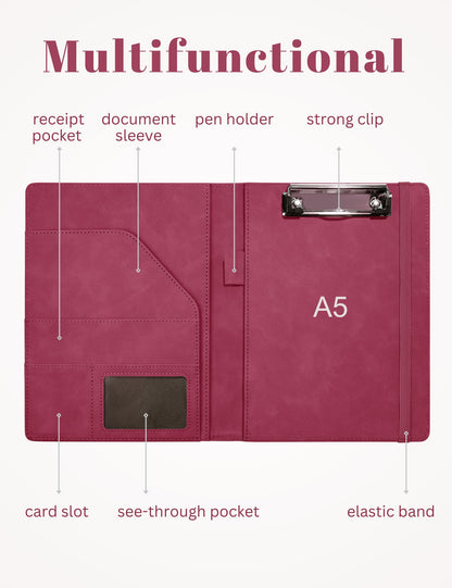 Mymazn Small Padfolio Clipboard Folder for 5x8 Inch Writing Pads, Compact A5 Portfolio for Business Office, Floral Red