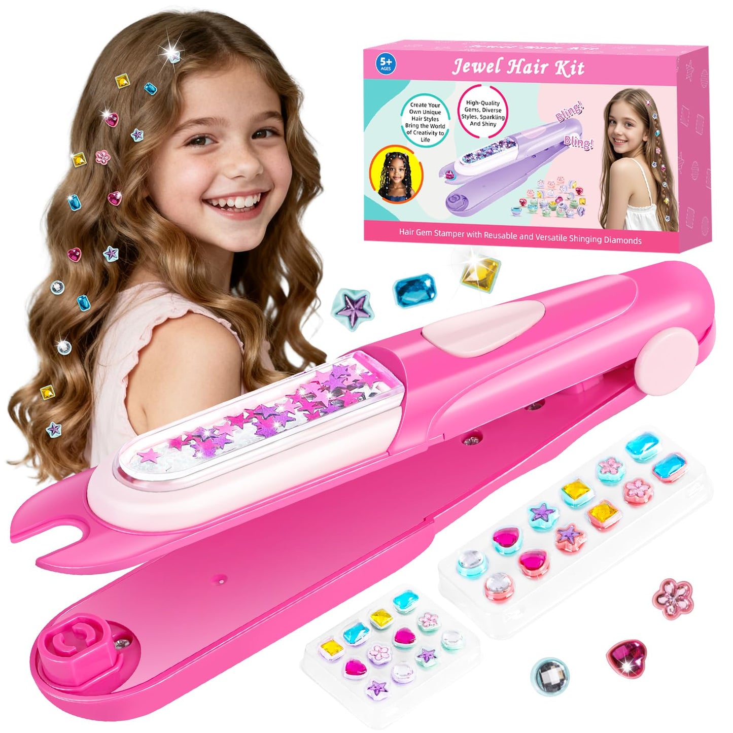 ADXVR Hair Gem Stamper Kit - Bling Hair Jewels for Girls Toys - Hair Accessories with Reusable Shining Diamonds, Birthday for Girls 3 4 5 6 8-12
