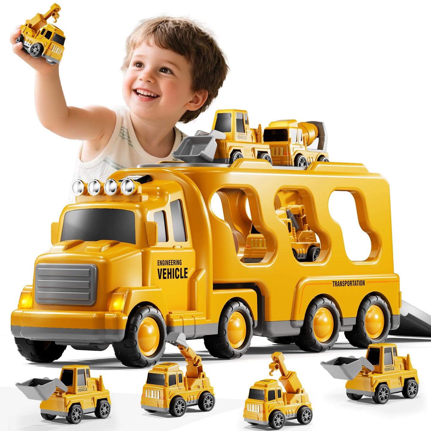 DULONIME Construction Truck Toys Set for Kids Aged 1 2 3 4 5 6 7 8, Truck Playset with Toy Car, Light and Sound, Movable Parts Construction Toys for Toddlers, Birthday Gifts for Boys Girls 2-4 4-7
