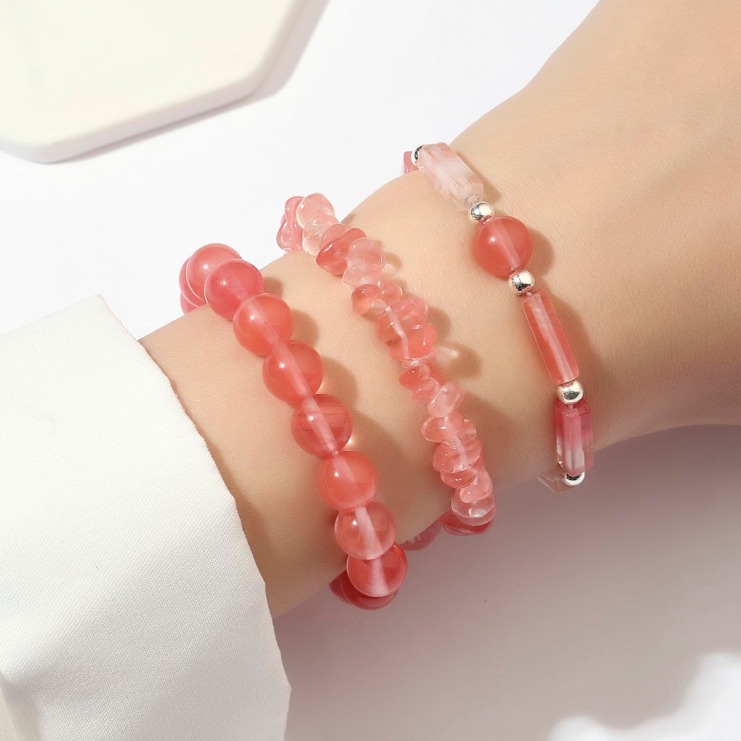 3 Pcs Watermelon Cherry Quartz Bracelet for Women 8mm Watermelon Quartz Crystal Bracelet for Women Hematite Jewelry Natural Healing Protection Stone Bracelets Beaded Bracelets Gift for Men Women
