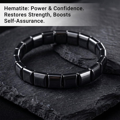 Jingming keji Mens Real Hematite Bracelet 7.8 inch - Natural Stone Square Beaded Black Jewelry with Strong Double Elastic Cord Wellness Power Bracelet with Gift Box