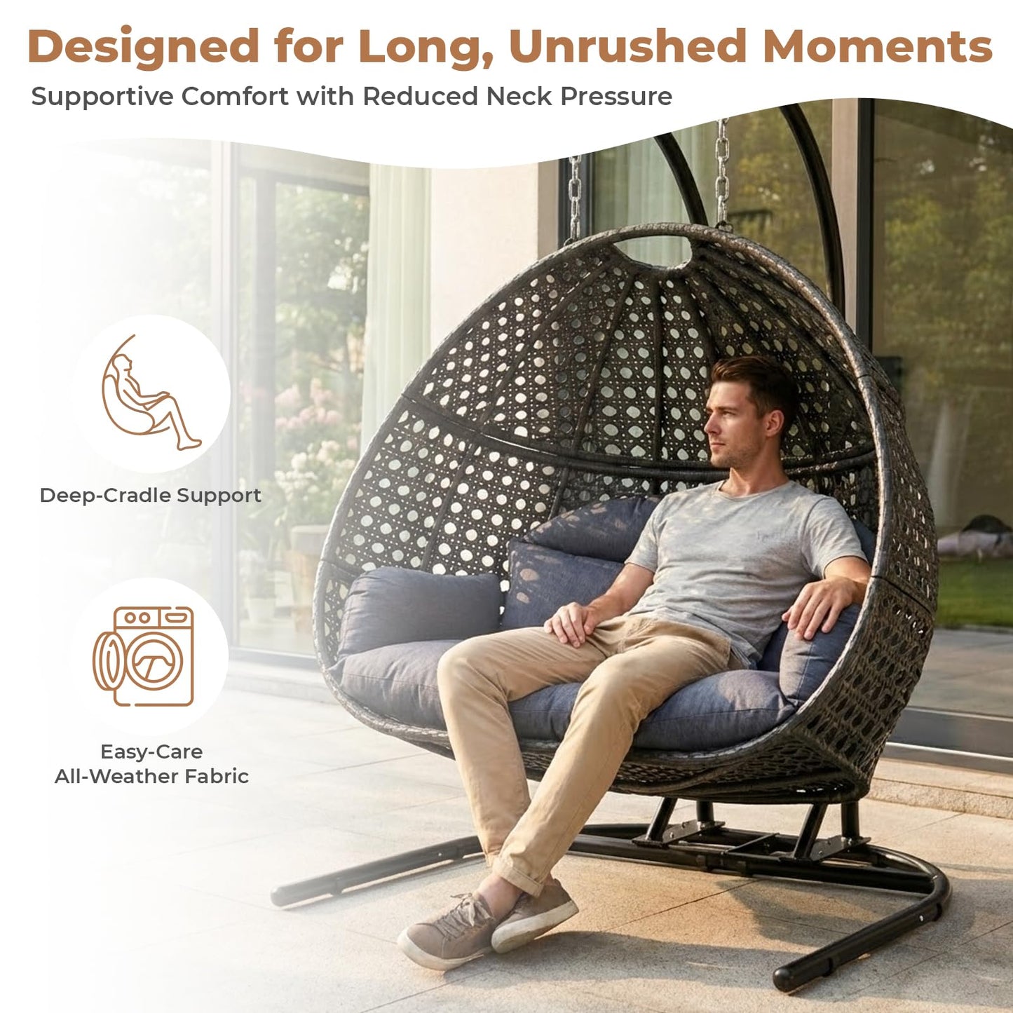 DREAM YOUNG 2 Person Egg Chair with Stand, Oversized Wicker Hanging Loveseat, Heavy-Duty Steel Frame, Extra-Thick Cushion, Rain Cover Included, All-Weather Indoor Outdoor Patio Swing Chair, Dark Grey