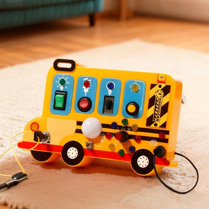 Montessori Board Sensory Toys for Children with LED Light switches, School Bus Shape，Baby fidgeting Board Travel Toys for More Than 18 Months, 18M+Boys and Girls Toddler Toys Gifts,Switch Toy