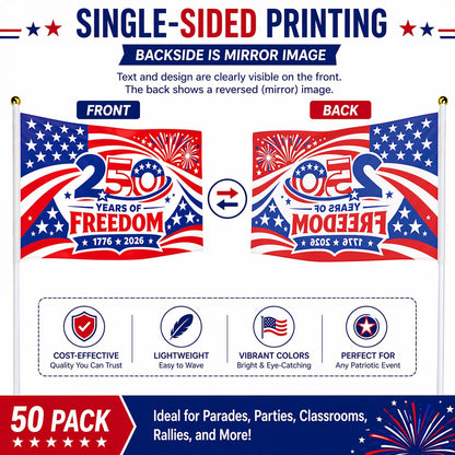 America 250th Anniversary Stick Flags 25/50 Pack – 1776-2026 Patriotic Hand Held American Flags, Small Mini USA Flags for Parade, Party, Classroom, Memorial Day, Independence Day & July 4th Decorations (50)