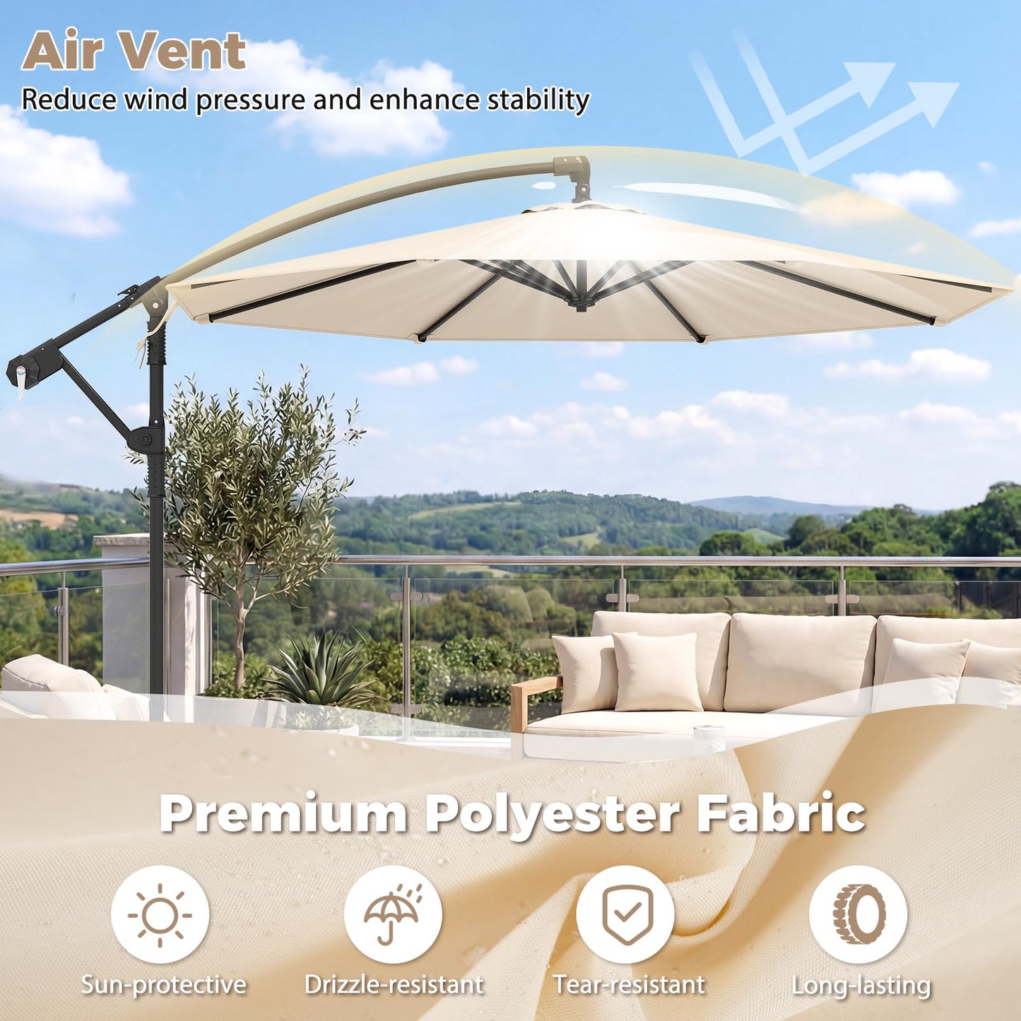 Tangkula 10ft Patio Umbrella with Base Included, Offset Cantilever Outdoor Umbrella with 360 Degree Rotation, Crank Handle, Sun-Protective Canopy for Pool Deck Garden Backyard (Beige)