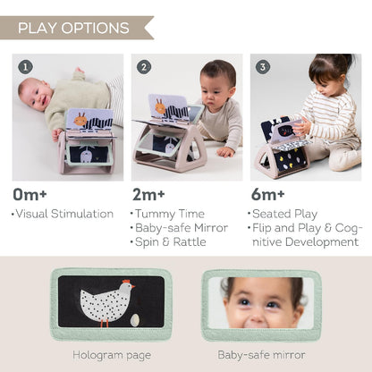 Taf Toys Black & White Rattling Spinning Book High Contrast Newborn Baby Toy 0-6 6-12 Months with Mirror for Visual Stimulation, Tummy Time & Early Cognitive Development, Montessori Learning Activity